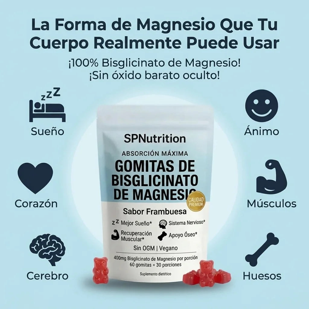 SP Nutrition Magnesium Bisglycinate Gummies packaging with benefits listed on a light blue background